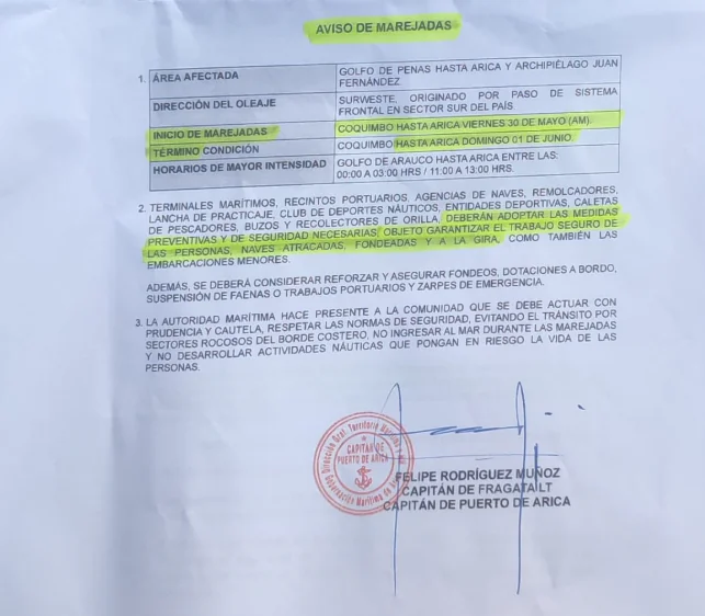 La alerta emitida por la Armada Chilena. Foto: Bolivia Tv.