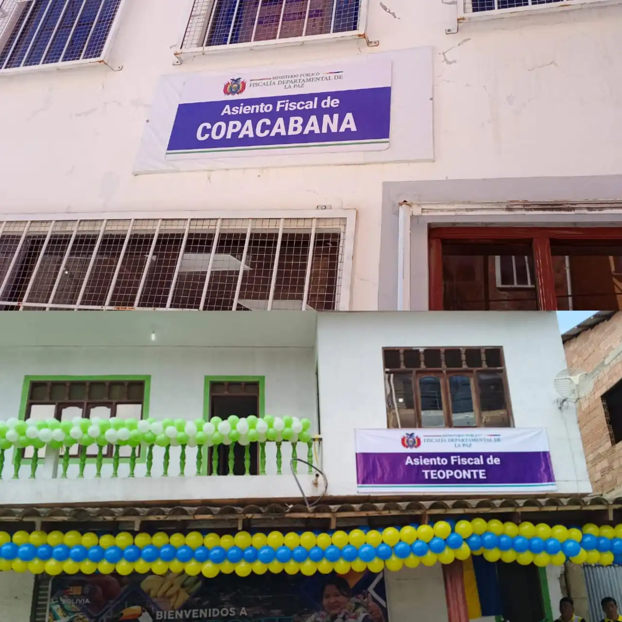 Fachadas de los asientos fiscales de Copacabana y Teoponte. Foto: Fiscalía.