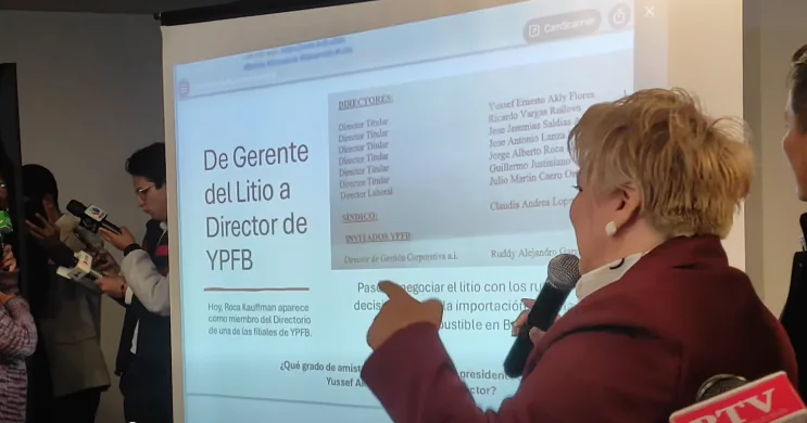 La diputada Patricia Patiño denuncia un cartel de corrupción en YPFB. Foto: Captura Vos Tv.